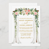 水彩ピンク赤面フローラ結婚のキャノピー 招待状 (正面/裏面)