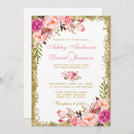 水彩ピンク赤面フローラ結婚グリッター 招待状 (正面/裏面)