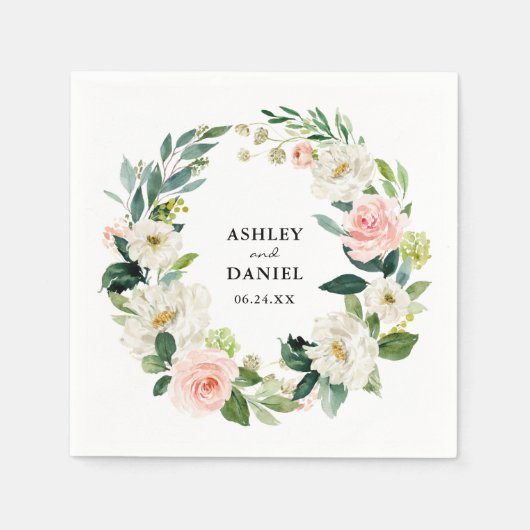 水彩ピンク赤面フローラ結婚リース スタンダードカクテルナプキン (正面)