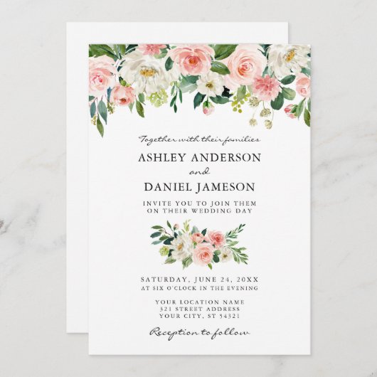 水彩ピンク赤面フローラ結婚写真 招待状 (正面/裏面)