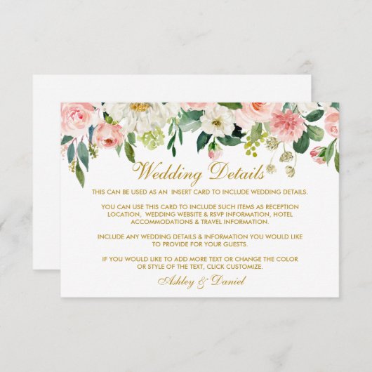 水彩ピンク赤面フローラ結婚金ゴールド エンクロージャーカード (正面/裏面)