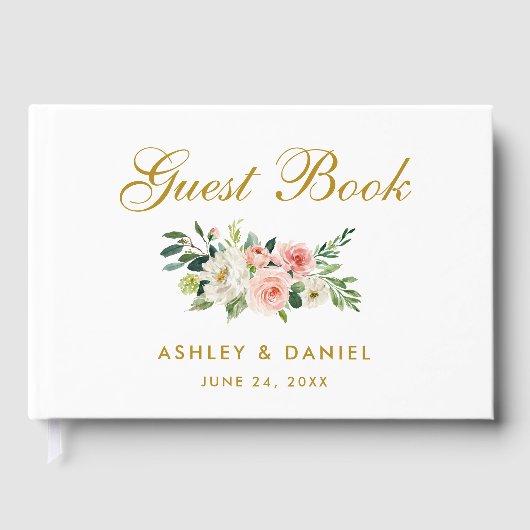 水彩ピンク赤面フローラ結婚金ゴールド ゲストブック (正面)