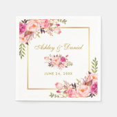 水彩ピンク赤面フローラ結婚金ゴールド スタンダードカクテルナプキン (正面)