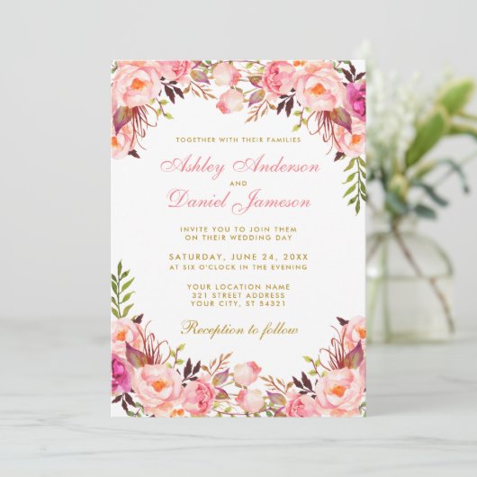 水彩ピンク赤面フローラ結婚金ゴールド 招待状 (スタンド正面)