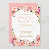 水彩ピンク赤面フローラ結婚金ゴールド 招待状 (正面/裏面)