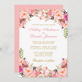 水彩ピンク赤面フローラ結婚金ゴールド 招待状
