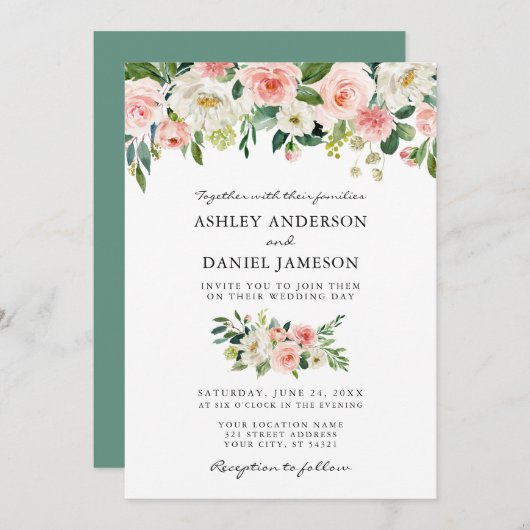 水彩ピンク赤面フローラ緑結婚色 招待状 (正面/裏面)