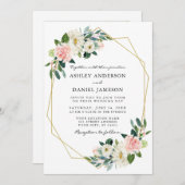 水彩ピンク赤面フローラ金ゴールドフレームフォト 招待状 (正面/裏面)