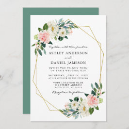 水彩ピンク赤面フローラ金ゴールドフレーム 招待状