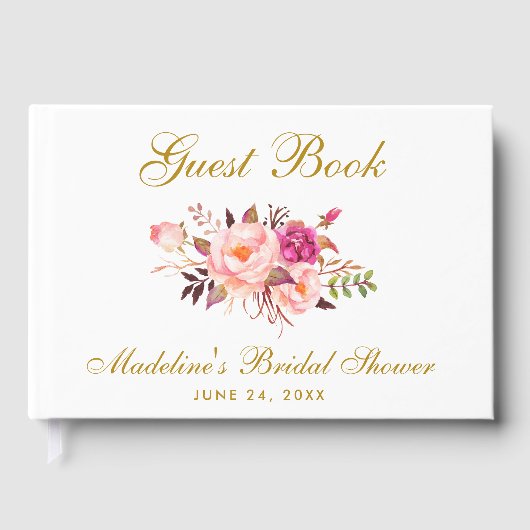 水彩ピンク赤面フローラ金ゴールドブライダルシャワー ゲストブック (正面)
