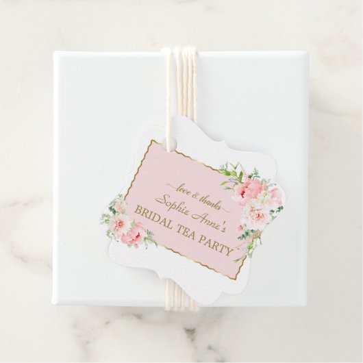 水彩ピンク赤面フローラ金ゴールドブライダルティーパーティー フェイバータグ (インサイチュ)