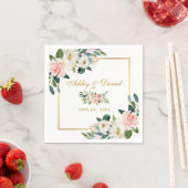 水彩ピンク赤面フローラ金ゴールド結婚フレーム スタンダードカクテルナプキン (インサイチュ)