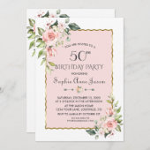 水彩ピンク赤面フローラ金ゴールド50誕生日 招待状 (正面/裏面)