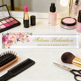 水彩ピンク赤面フローラ金ゴールド デスクネームプレート