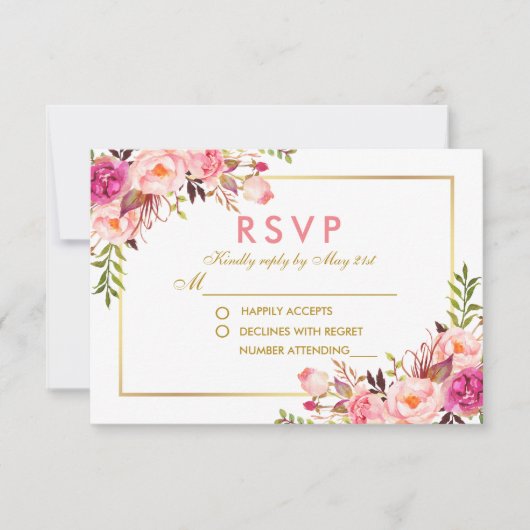 水彩ピンク赤面フローラ金ゴールドRSVP 結婚's 出欠カード (正面)