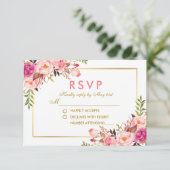 水彩ピンク赤面フローラ金ゴールドRSVP 結婚's 出欠カード (スタンド正面)
