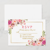 水彩ピンク赤面フローラ金ゴールドRSVP 結婚's 出欠カード (正面/裏面)