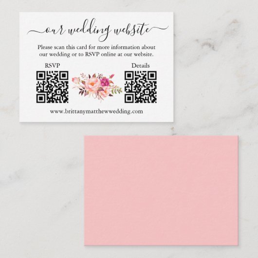 水彩ピンク赤面フローラ2 QR RSVP詳細 エンクロージャーカード (正面/裏面)