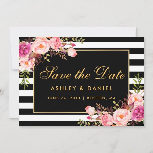 水彩ピンク赤面フローラ ストライプの セーブザデート (正面)