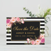 水彩ピンク赤面フローラ ストライプの セーブザデート (スタンド正面)