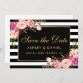 水彩ピンク赤面フローラ ストライプの セーブザデート (正面/裏面)