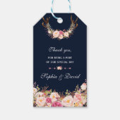 水彩ピンク赤面フローラ〔雄ジカの〕枝角ネイビー結婚ズ ギフトタグ (正面)