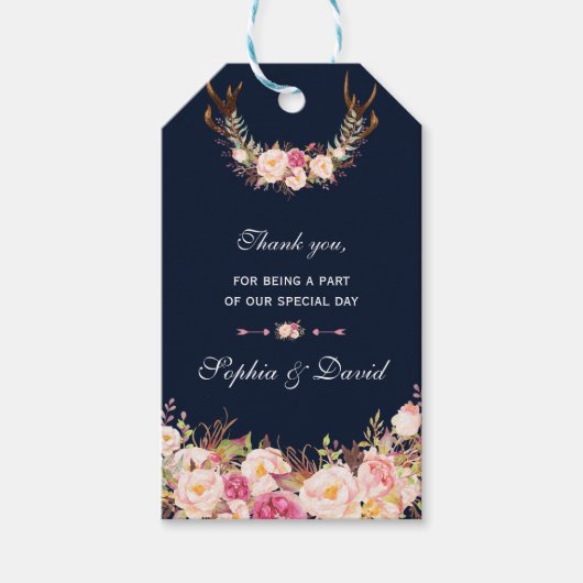 水彩ピンク赤面フローラ〔雄ジカの〕枝角ネイビー結婚ズ ギフトタグ (正面)