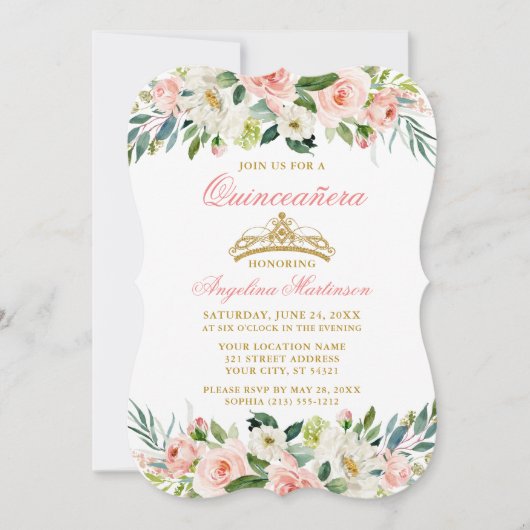 水彩ピンク赤面ホワイトフローラキンセアニェラ 招待状 (正面)