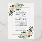  水彩ピンク赤面白フローラ結婚金ゴールド 箔招待状 (正面)