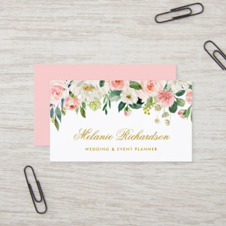 水彩ピンク赤面白フローラ金ゴールド エレガント 名刺
