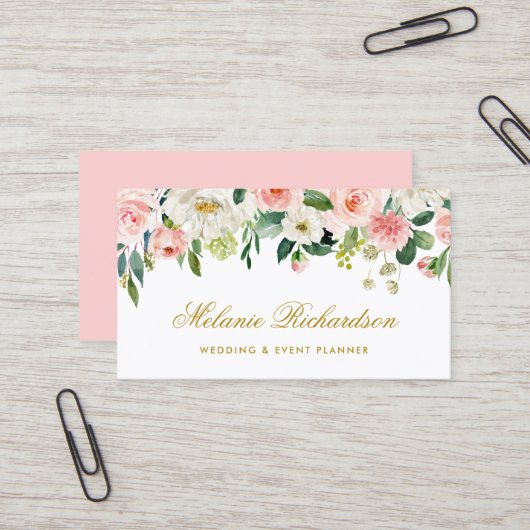 水彩ピンク赤面白フローラ金ゴールド エレガント 名刺 (正面/裏面インサイチュ)
