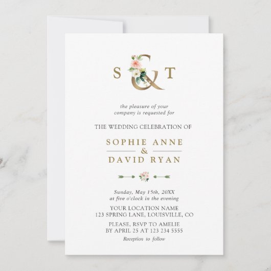 水彩ピンク赤面花アンパサンド結婚ズ 招待状 (正面)