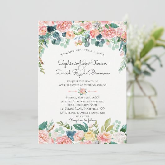 水彩ピンク赤面花フレーム結婚ズ 招待状 (スタンド正面)