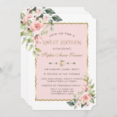 水彩ピンク赤面花金ゴールド甘い16 招待状 (正面/裏面)