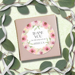 水彩ピンク赤面花 ラウンドシール