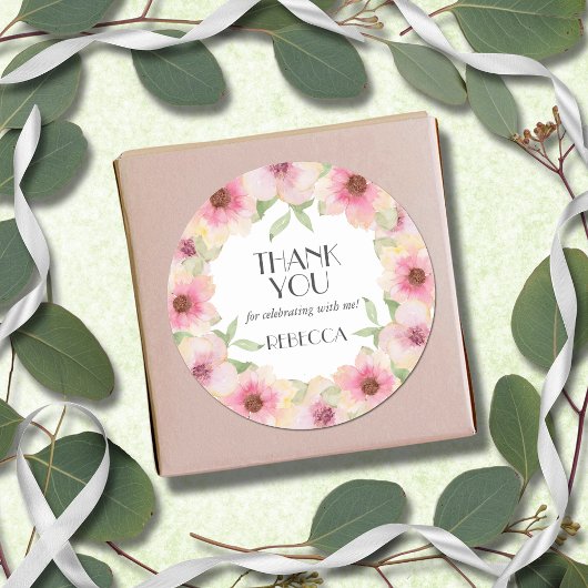 水彩ピンク赤面花 ラウンドシール