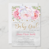 水彩ピンク赤面金ゴールドフローラガールベビーシャワー 招待状 (正面)