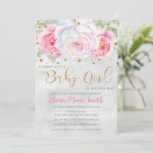 水彩ピンク赤面金ゴールドフローラガールベビーシャワー 招待状 (スタンド正面)