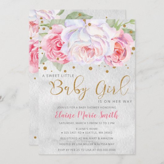 水彩ピンク赤面金ゴールドフローラガールベビーシャワー 招待状 (正面/裏面)