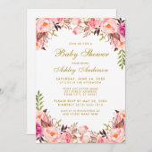 水彩ピンク赤面金ゴールドフローラベビーシャワー 招待状 (正面/裏面)