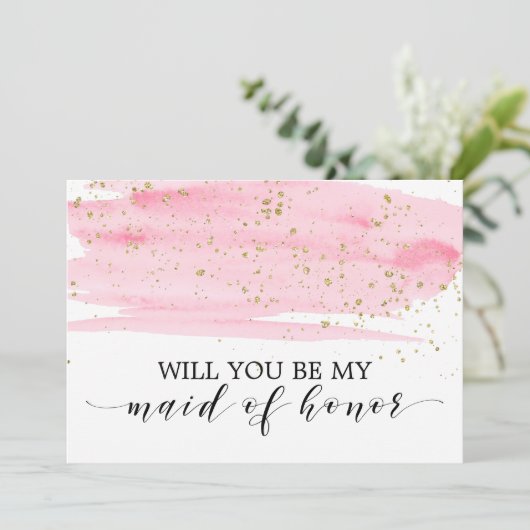 水彩ピンク金ゴールドが私のメイド・オブ・オーナー(花嫁付き添い人) 招待状 (スタンド正面)