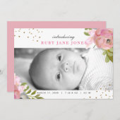 水彩ピンク金ゴールドグリッター誕生発表 案内状 (正面/裏面)