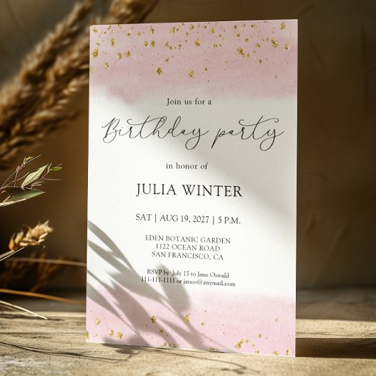 水彩ピンク金ゴールドスパークルバースデーパーティー 招待状