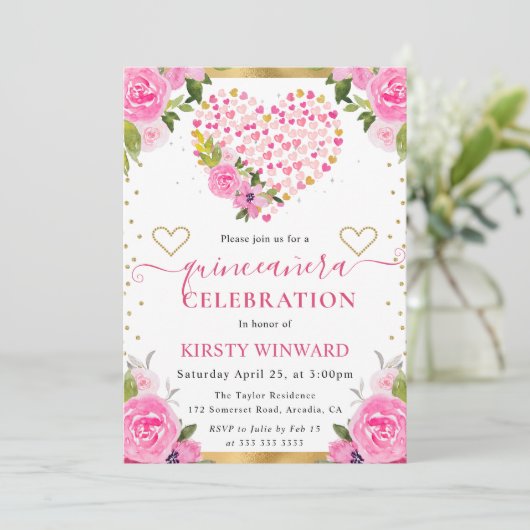 水彩ピンク金ゴールドハート花キンセアニェラ 招待状 (スタンド正面)