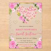 水彩ピンク金ゴールドハート花甘16 アクリル招待状 (正面)