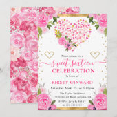 水彩ピンク金ゴールドハート花甘16 招待状 (正面/裏面)
