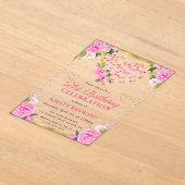 水彩ピンク金ゴールドハート花花第21回誕生日 アクリル招待状 (レイダウン)