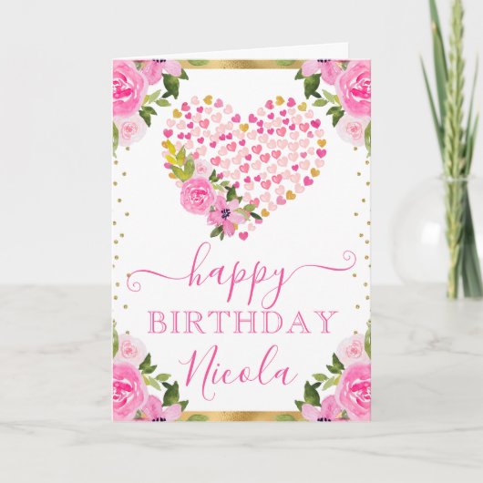 水彩ピンク金ゴールドハート花誕生日 カード (正面)