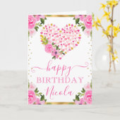 水彩ピンク金ゴールドハート花誕生日 カード (黄色い花)