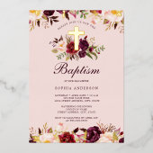 水彩ピンク金ゴールドバーガンディフローラバプテスマ 箔招待状 (正面)